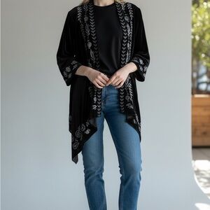 Johnny Was Black Velvet Embroidered Open-Front Women’s “Hankerchief edgeCardigan